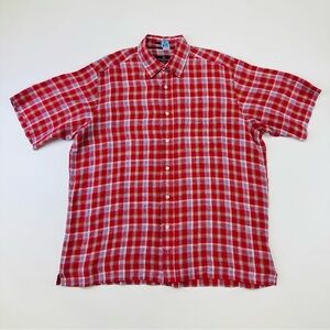 Bugatchi red check linen mens short sleeve button down shirt Large one pocket